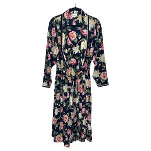 Vtg 1970s Miss Dior Satin Peignoir Gown Set M/L Navy Floral Elegant Old Money